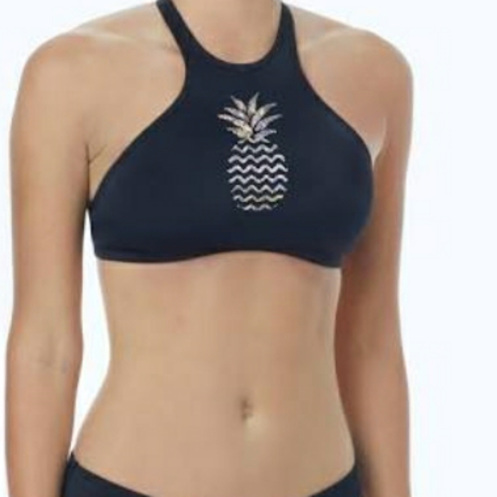 Coco Rave Black Halter Pineapple bathing Suit Top Tank Retro Sequin M or XL NEW